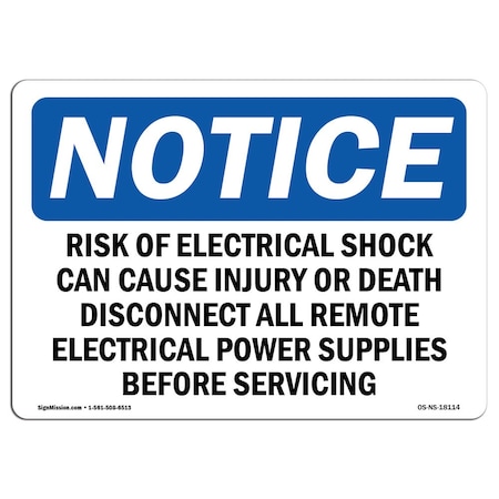 Signmission OSHA Notice Sign, 12" Height, 18" Width, Risk Of Electrical Shock Can Cause Injury Sign, Landscape OS-NS-D-1218-L-18114